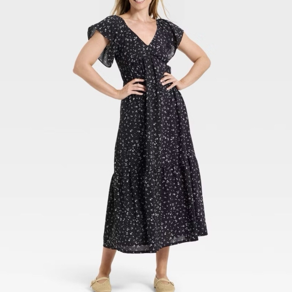Black Floral Tiered Cottagecore Maxi Dress Flutter Short Sleeve Cotton Womens L